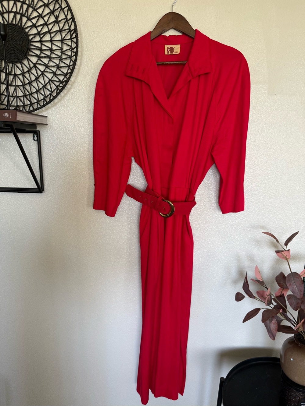 ✨VINTAGE 80s 100% Rayon Bright Red Belted Maxi Dress